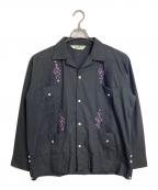 BACKERSバッカーズ）の古着「キューバシャツ ロカビリーシャツ　長袖シャツ　刺繍シャツ」｜ブラック×パープル