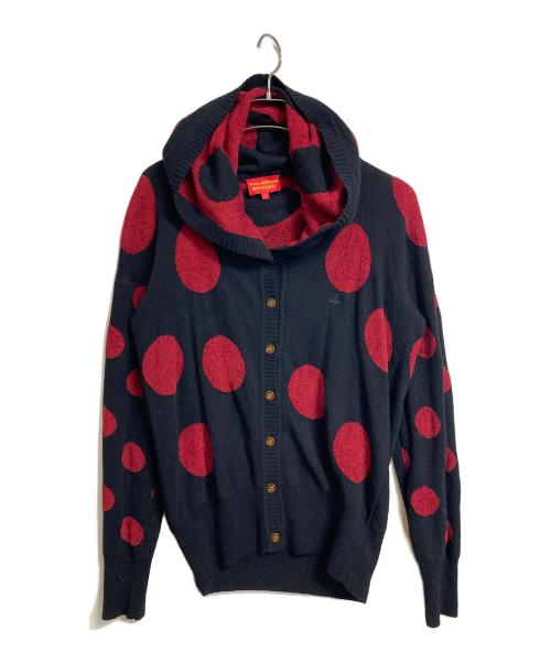 Vivienne Westwood RED LABEL（ヴィヴィアンウエストウッドレッドレーベル）Vivienne Westwood RED LABEL (ヴィヴィアンウエストウッドレッドレーベル) フード付カーディガン　デザインカーディガン　ドット レッド×ブラック サイズ:1の古着・服飾アイテム