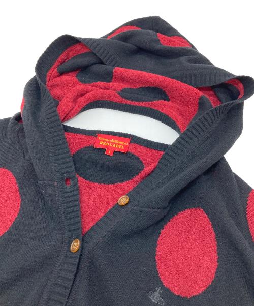 Vivienne Westwood RED LABEL（ヴィヴィアンウエストウッドレッドレーベル）Vivienne Westwood RED LABEL (ヴィヴィアンウエストウッドレッドレーベル) フード付カーディガン　デザインカーディガン　ドット レッド×ブラック サイズ:1の古着・服飾アイテム