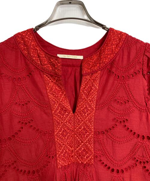 ne quittez pas（ヌキテパ）ne quittez pas (ヌキテパ) Cotton Voile Dot Hemla Dress コットンボイル レースワンピース　半袖ワンピース　ロングワンピース　インド製 レッド サイズ:実寸参照の古着・服飾アイテム