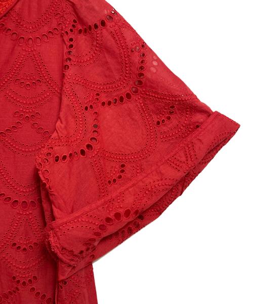 ne quittez pas（ヌキテパ）ne quittez pas (ヌキテパ) Cotton Voile Dot Hemla Dress コットンボイル レースワンピース　半袖ワンピース　ロングワンピース　インド製 レッド サイズ:実寸参照の古着・服飾アイテム