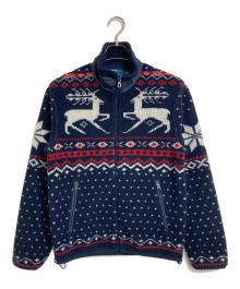 POLO RALPH LAUREN（ポロ・ラルフローレン）の古着「バードノットフリースジャケット　ボアジャケット　フリース　トナカイ　総柄　アウター　ライトアウター　」｜ネイビー