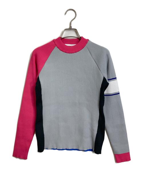 decembermay（ディセンバーメイ）DECEMBERMAY (ディセンバーメイ) Asymmetric color knit マルチカラー　ラグランニット グレー×ピンク サイズ:Mの古着・服飾アイテム