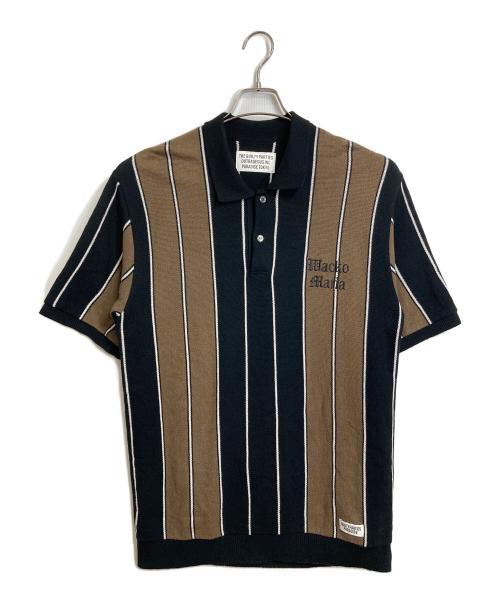 WACKO MARIA（ワコマリア）WACKO MARIA (ワコマリア) STRIPED KNIT JACQUARD POLO SHIRT ストライプニットジャガードポロシャツ　半袖ニット　ストライプ　日本 ブラウン×ブラック サイズ:Mの古着・服飾アイテム