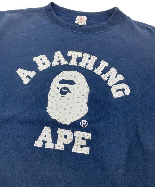A BATHING APE（ア ベイシング エイプ）A BATHING APE (ア ベイシング エイプ) ラインストーン半袖スウェットＴシャツ　半袖スウェット　半袖カットソー　Tシャツ　Tee  日本製　90s  90年代 ネイビー サイズ:Lの古着・服飾アイテム