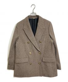 Mila Owen（ミラオーウェン）の古着「チェック金釦ダブルブレストロングブレザー　アウター　ライトアウター　セレモニー」｜ベージュ