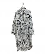 &ellecyアンドエルシー）の古着「ネコスケッチ シャツワンピース　総柄ワンピース　長袖ワンピース」｜ホワイト×ブラック