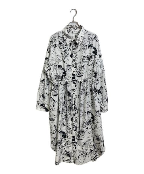 &ellecy（アンドエルシー）&ELLECY (アンドエルシー) ネコスケッチ シャツワンピース　総柄ワンピース　長袖ワンピース ホワイト×ブラック サイズ:Mの古着・服飾アイテム