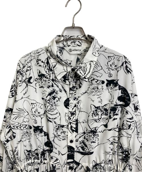&ellecy（アンドエルシー）&ELLECY (アンドエルシー) ネコスケッチ シャツワンピース　総柄ワンピース　長袖ワンピース ホワイト×ブラック サイズ:Mの古着・服飾アイテム