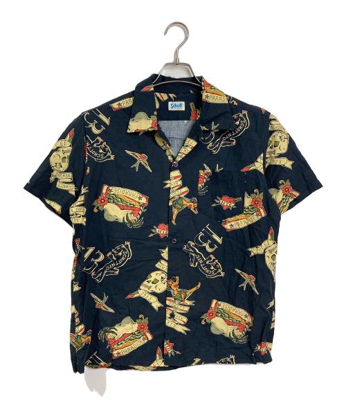 Schott（ショット）Schott (ショット) スカル オープンカラーシャツ　半袖シャツ　総柄 ブラック サイズ:Mの古着・服飾アイテム