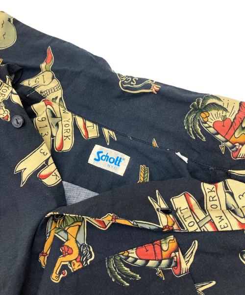 Schott（ショット）Schott (ショット) スカル オープンカラーシャツ　半袖シャツ　総柄 ブラック サイズ:Mの古着・服飾アイテム