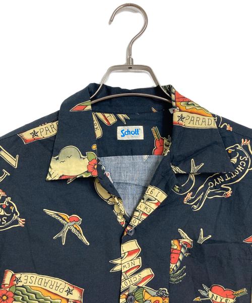 Schott（ショット）Schott (ショット) スカル オープンカラーシャツ　半袖シャツ　総柄 ブラック サイズ:Mの古着・服飾アイテム
