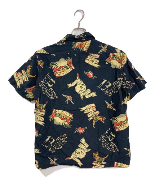 Schott（ショット）Schott (ショット) スカル オープンカラーシャツ　半袖シャツ　総柄 ブラック サイズ:Mの古着・服飾アイテム