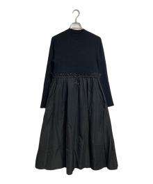 MICHEL KLEIN（ミッシェルクラン）の古着「ニット×タフタ タックギャザー切替えワンピース　ロングワンピース」｜ブラック