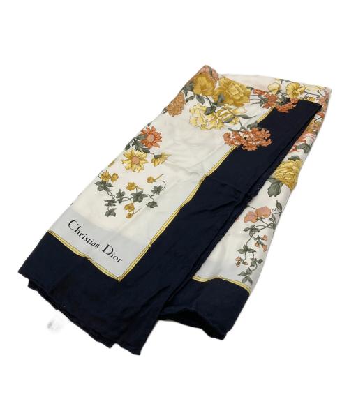 Christian Dior（クリスチャン ディオール）Christian Dior (クリスチャン ディオール) フラワー柄大判スカーフ　シルクスカーフ ホワイト×ブラック サイズ:実寸参照　の古着・服飾アイテム