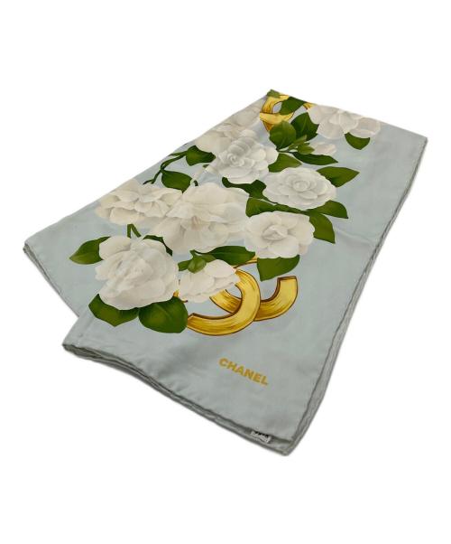 CHANEL（シャネル）CHANEL (シャネル) カメリア総柄スカーフ　シルクスカーフ　イタリア製　 スカイブルー サイズ:実寸参照の古着・服飾アイテム