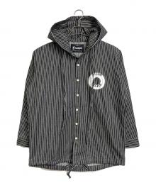 EXAMPLE（エグザンプル）の古着「デニムアウターシャツ　アウター　ライトアウター　パーカー　ストライプ　」｜ブラック×ホワイト