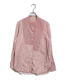 CINOH（チノ）の古着「アシンメトリーブザムシャツ　コットンシャツ　ストライプ」｜レッド×ホワイト