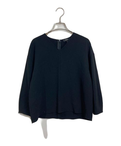 theory（セオリー）theory (セオリー) Vネックブラウス (アイボリー) トリアセテート  ブレスレットスリーブ / ウォッシャブル　Admiral Crepe Round VNK Top ブラック サイズ:P（XS〜S）の古着・服飾アイテム