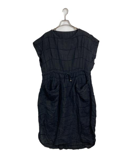 HaaT ISSEY MIYAKE（ハート イッセイ ミヤケ）Haat ISSEY MIYAKE (ハート イッセイ ミヤケ) ウエストリボン半袖リネンワンピース ブラック サイズ:2の古着・服飾アイテム