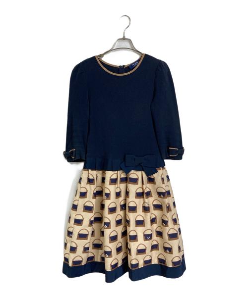 M'S GRACY（エムズグレイシー）M'S GRACY (エムズグレイシー) バッグ柄プリント 切替ワンピース ネイビー×ベージュ サイズ:Mの古着・服飾アイテム