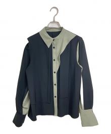 UNITED TOKYO（ユナイテッドトーキョー）の古着「バイカラーオプティカルブラウス　長袖ブラウス　デザイントップス　セレモニー　日本製」｜グリーン×ブラック