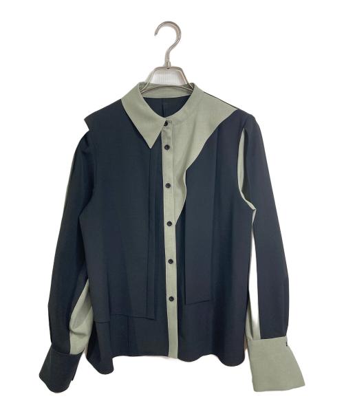 UNITED TOKYO（ユナイテッドトーキョー）UNITED TOKYO (ユナイテッドトーキョー) バイカラーオプティカルブラウス　長袖ブラウス　デザイントップス　セレモニー　日本製 グリーン×ブラック サイズ:FREEの古着・服飾アイテム