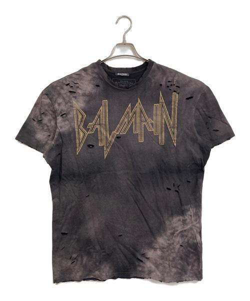 BALMAIN（バルマン）BALMAIN (バルマン) デストロイロゴダメージ加工Tシャツ　半袖カットソー　Tシャツ　Tee  フランス製 グレー サイズ:TUの古着・服飾アイテム