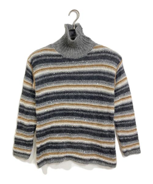 Max Mara Studio（マックスマーラ ストゥディオ）MAX MARA STUDIO (マックスマーラ ストゥディオ) モヘアハイネックニット　長袖ニット　ボーダー　スパンコール グレー サイズ:Mの古着・服飾アイテム