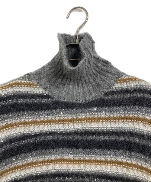 Max Mara Studio（マックスマーラ ストゥディオ）MAX MARA STUDIO (マックスマーラ ストゥディオ) モヘアハイネックニット　長袖ニット　ボーダー　スパンコール グレー サイズ:Mの古着・服飾アイテム