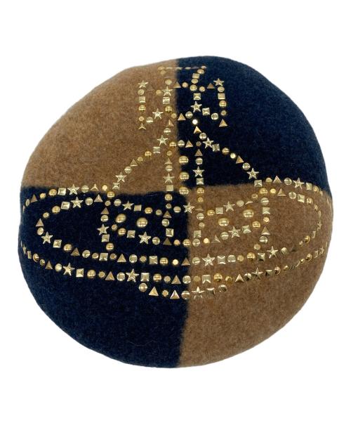 Vivienne Westwood（ヴィヴィアンウエストウッド）Vivienne Westwood (ヴィヴィアンウエストウッド) スタッズ付きデカオーブベレー帽 ベージュ×ネイビー サイズ:S~Mの古着・服飾アイテム