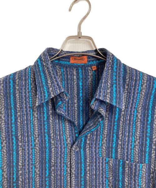 missoni（ミッソーニ）MISSONI (ミッソーニ) 総柄×ストライプシャツ　長袖シャツ　イタリア製 ブルー サイズ:50の古着・服飾アイテム