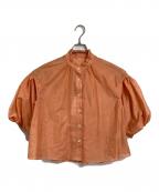 DRESSTERIORドレステリア）の古着「ウォッシャブルスタンドフリルボリュームスリーブブラウス　半袖ブラウス　日本製」｜オレンジ