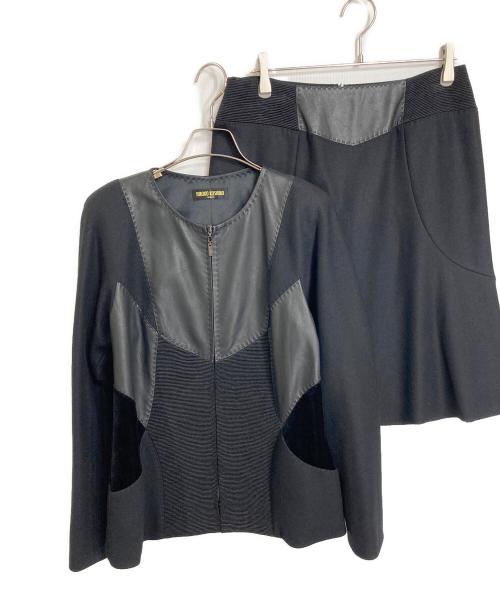 HIROKO KOSHINO（ヒロコ コシノ）HIROKO KOSHINO (ヒロコ コシノ) エコレザー切替ジャケットセットアップ ブラック サイズ:42の古着・服飾アイテム