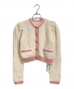 Lily Brownリリーブラウン）の古着「USAGIビジューニットカーディガン　ショートカーディガン　パワーショルダーカーディガン」｜ピンク