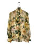 DOLCE & GABBANAドルチェ＆ガッバーナ）の古着「シフォン カメリアプリント リボン ブラウス　ボウタイブラウス　フラワープリント　イタリア製」｜イエロー