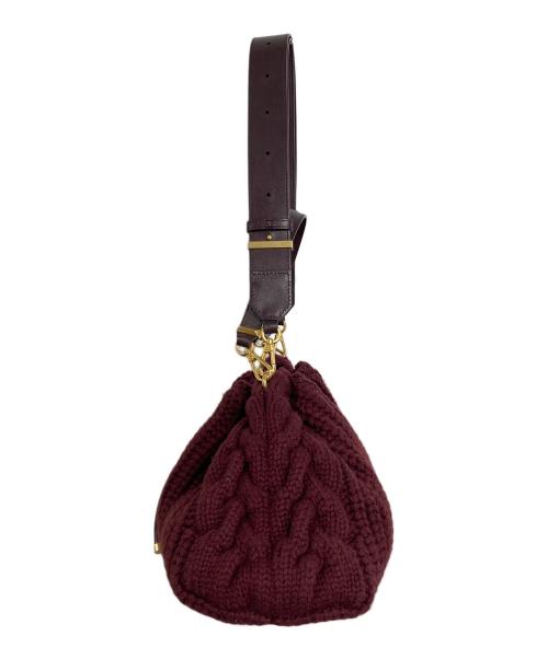 JIMMY CHOO（ジミーチュウ）JIMMY CHOO (ジミーチュウ) シンチ ミディアム　ディープメルロー ニットウール バケットバッグ　ハンドバッグ　ショルダーバッグ　イタリア製 ボルドー サイズ:実寸参照の古着・服飾アイテム