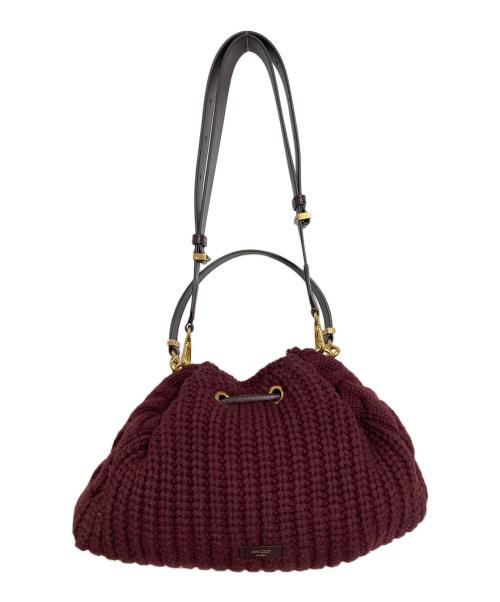 JIMMY CHOO（ジミーチュウ）JIMMY CHOO (ジミーチュウ) シンチ ミディアム　ディープメルロー ニットウール バケットバッグ　ハンドバッグ　ショルダーバッグ　イタリア製 ボルドー サイズ:実寸参照の古着・服飾アイテム