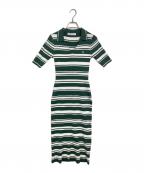 HER LIP TOハーリップトゥ）の古着「Stripe Rib Polo Dress ストライプリブポロドレス　ロングワンピース　ニットワンピース　ボーダー」｜グリーン