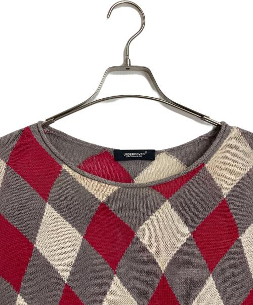 UNDERCOVER（アンダーカバー）UNDERCOVER (アンダーカバー) アーガイルニット　長袖ニット　ロングニット グレー×レッド サイズ:2の古着・服飾アイテム