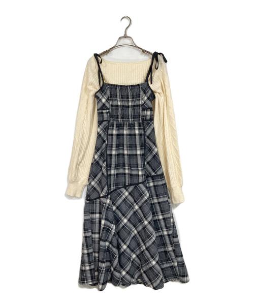 dolce liche（ドルチェリーチェ）dolce liche (ドルチェリーチェ) ニットトップス×チェックワンピースセット ホワイト×グレー サイズ:FREEの古着・服飾アイテム