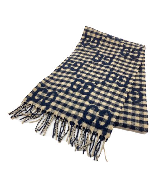 GUCCI（グッチ）GUCCI (グッチ) GG JACQUARD WOOL SCARF   GGジャガードウールスカーフ　マフラー　イタリア製 ベージュ×ネイビー サイズ:実寸参照の古着・服飾アイテム
