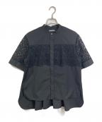 theory luxeセオリーリュクス）の古着「Cotton Liria L レース バンドカラー ブラウス　半袖ブラウス　日本製」｜ブラック