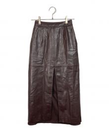 Ameri（アメリ）の古着「DEEP SLIT SYNTHETIC LEATHER SKIRT ディープ スリット シンセティック レザー スカート  ロングスカート」｜ブラウン