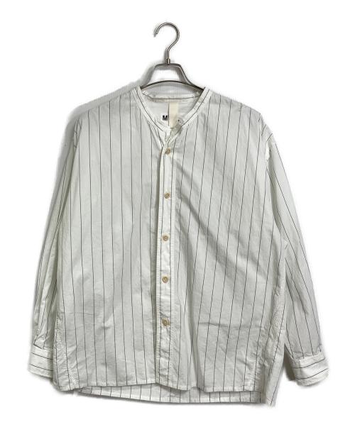 MHL（エムエイチエル）MHL (エムエイチエル) ストライプシャツ　長袖シャツ　コットンシャツ ホワイト×グリーン サイズ:Mの古着・服飾アイテム