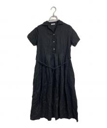 fog linen work（フォグリネンワーク）の古着「半袖リネンワンピース　ロングワンピース」｜ブラック