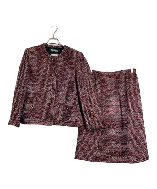 CHANEL（シャネル）CHANEL (シャネル) ライオンボタンツイードジャケット＆スカートセットアップ レッド サイズ:38の古着・服飾アイテム