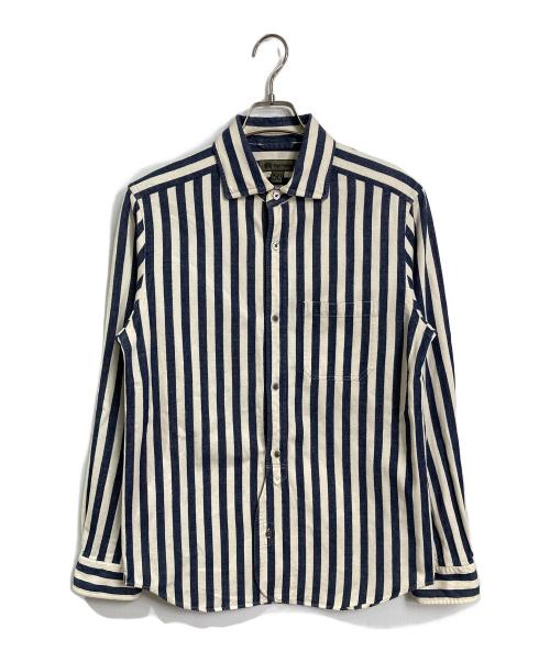 NIGEL CABOURN（ナイジェルケーボン）NIGEL CABOURN (ナイジェルケーボン) ストライププルオーバーシャツ　長袖シャツ　日本製 ベージュ×ネイビー サイズ:50の古着・服飾アイテム