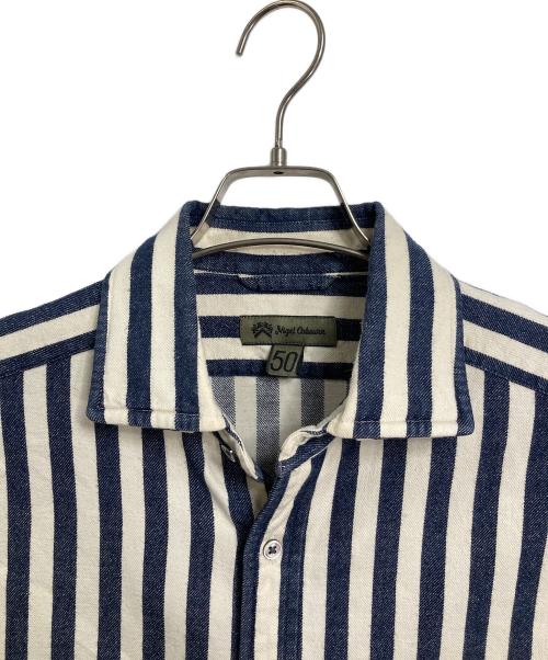 NIGEL CABOURN（ナイジェルケーボン）NIGEL CABOURN (ナイジェルケーボン) ストライププルオーバーシャツ　長袖シャツ　日本製 ベージュ×ネイビー サイズ:50の古着・服飾アイテム