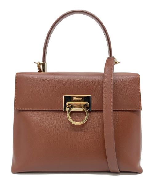 Ferragamo（フェラガモ）Ferragamo (フェラガモ) ガンチーニ2WAYバッグ　ショルダーバッグ　ハンドバッグ　セレモニー　イタリア製 ブラウン サイズ:実寸参照の古着・服飾アイテム
